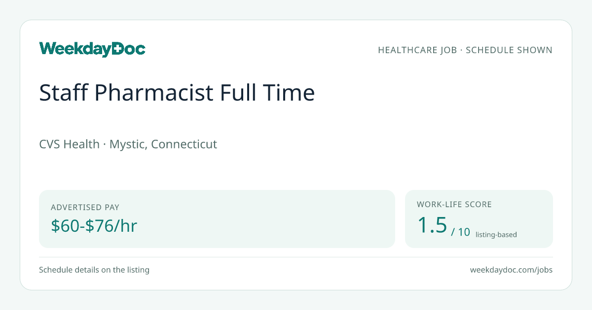 Staff Pharmacist Full Time – Mystic, CT · $60–$76/hr | CVS Health